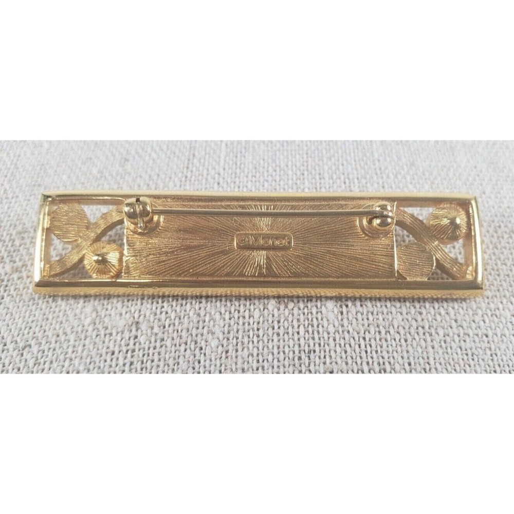 Brooch Pin - Signed Monet - Rectangle - Faux Pearls Rhinestones  Black Gold Tone - Picture 6 of 9